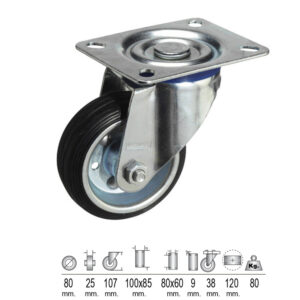 RUEDA INDUSTRIAL GOMA NEGRA SIN FRENO 80mm